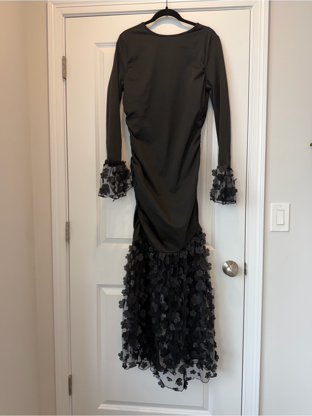 Black Long Sleeve Mermaid Dress with Floral Appliqué